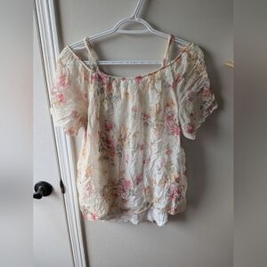 100% Silk Floral Off-Shoulder Cream Blouse with Pink Accents(made In Italy)